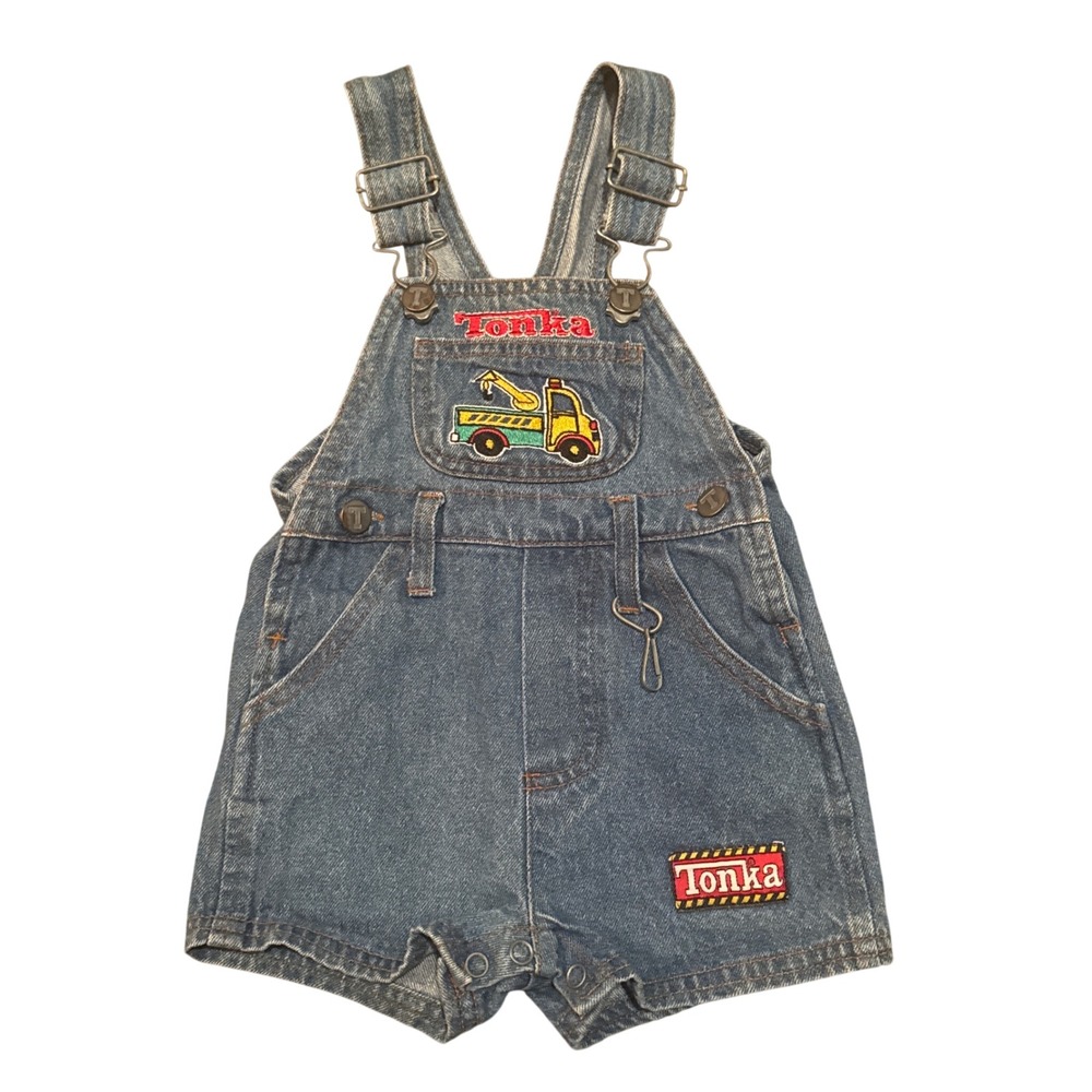 Vtg Tonka Denim Overalls Shortalls Tow Truck Embroidered Baby 3-6 Months